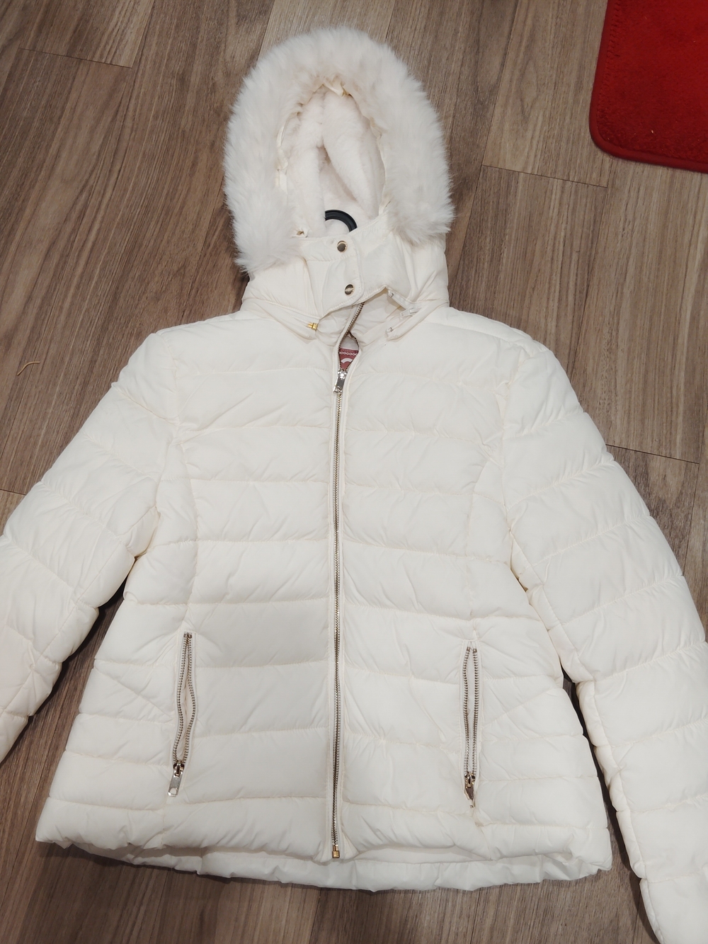 Women’s Couture Couture Cream Quilted Puffer Jacket with Faux Fur Hood